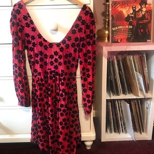 FP Rare 90‘s Velvet Babydoll Printed Long Sleeve Dress Free People Red Blue Med